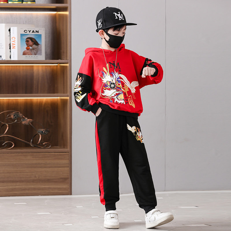 国潮童装男童卫衣春秋款2024龙年新年衣服中国龙儿童红色套装纯棉