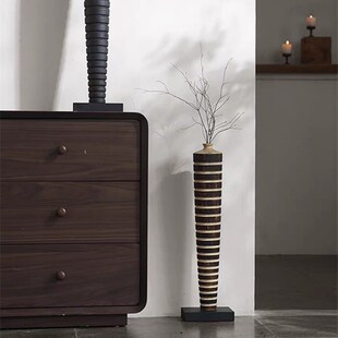 侘寂风高脚花瓶碳化木客厅插花高级感装 玄关落地花器 饰摆件中式