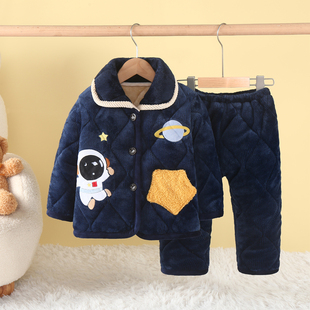 冬季男童儿童三层铺棉睡衣加绒加厚冬款法兰绒卡通男孩大童居家服