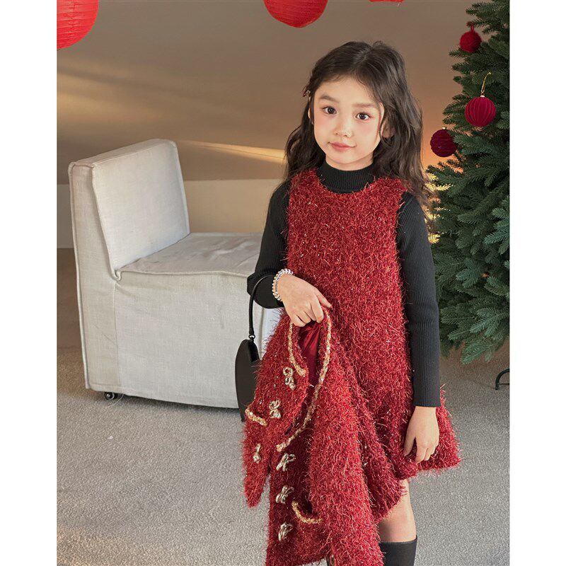 YFY女童冬季新款红色高级圣诞新年套装背心裙外套喜庆毛绒感礼服