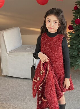 YFY女童冬季新款红色高级圣诞新年套装背心裙外套喜庆毛绒感礼服