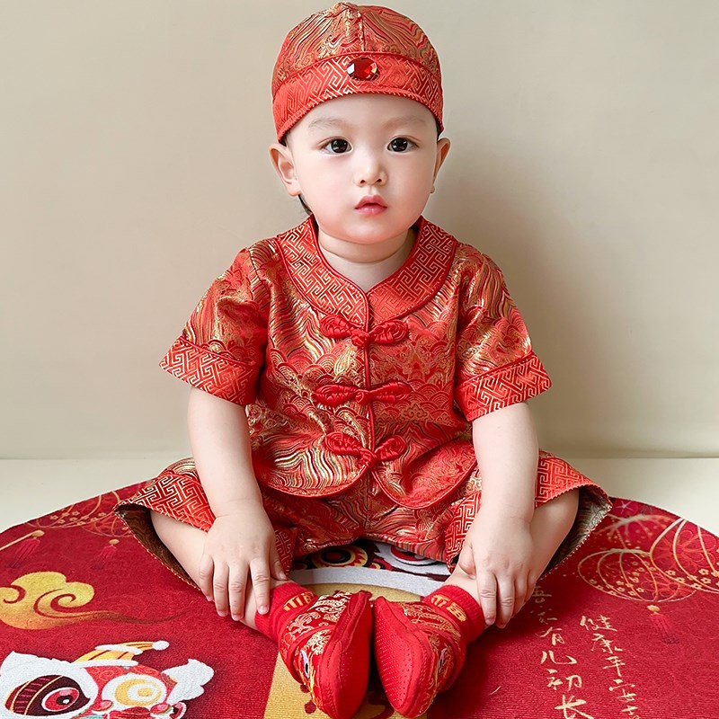 男童唐装夏季新款宝宝百天生日周岁礼服中国风女宝喜庆抓周服套装