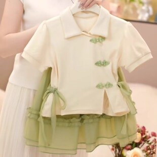 女童套装2025夏季新款翻领旗袍中大童套裙短袖新中式百褶裙两件套