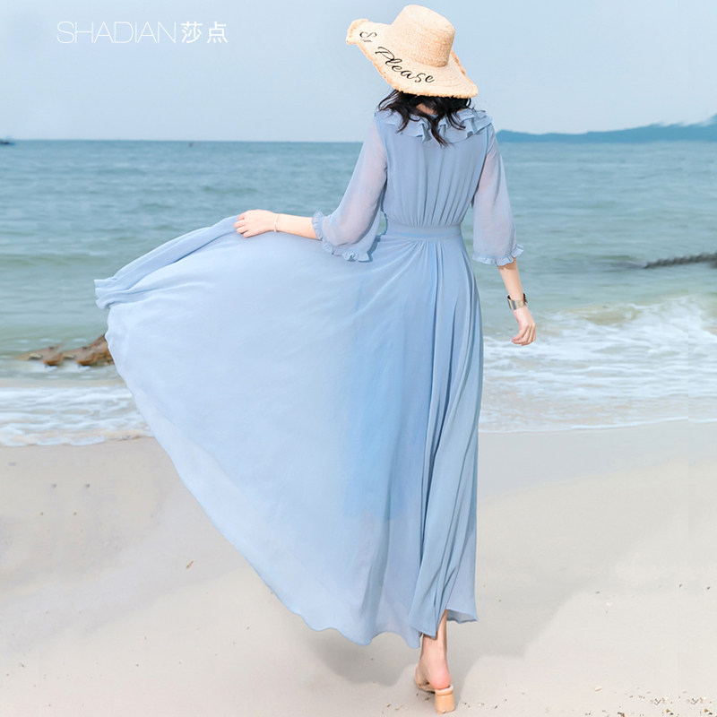 莎点长款连衣裙2022夏雪纺修身洋气显瘦仙女大摆长裙飘逸沙滩裙子
