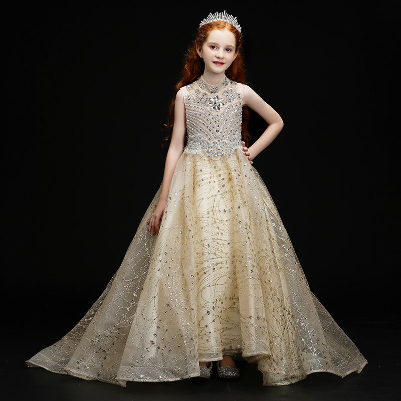 女童礼服公主裙欧式儿童主持高端女孩走秀拖尾钢琴大童表演演出服