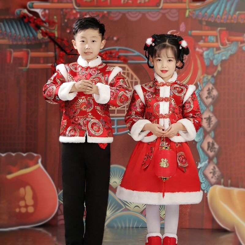 红色儿童合唱演出服棉服中小学生大合唱团男女童礼服朗诵表演服装