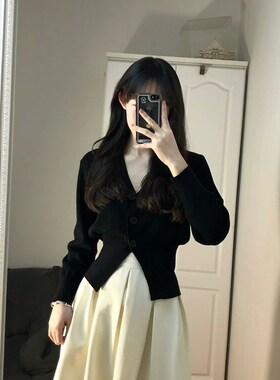 145小个子显高套装女150时尚V领针织毛衣开衫白色半身裙两件套秋