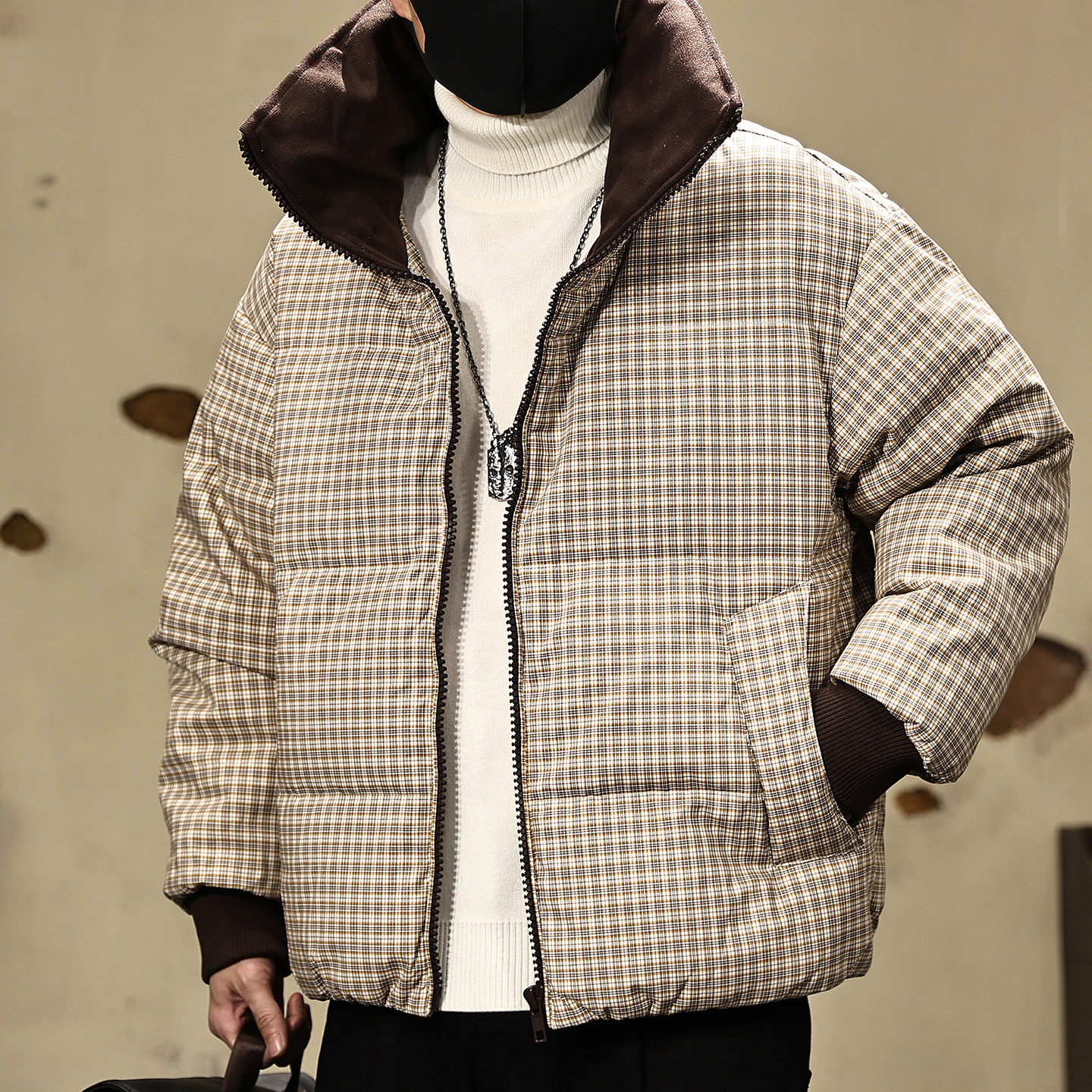 90鸭绒千鸟格羽绒服男士冬季防寒加厚保暖大码羽绒外套立领面包服