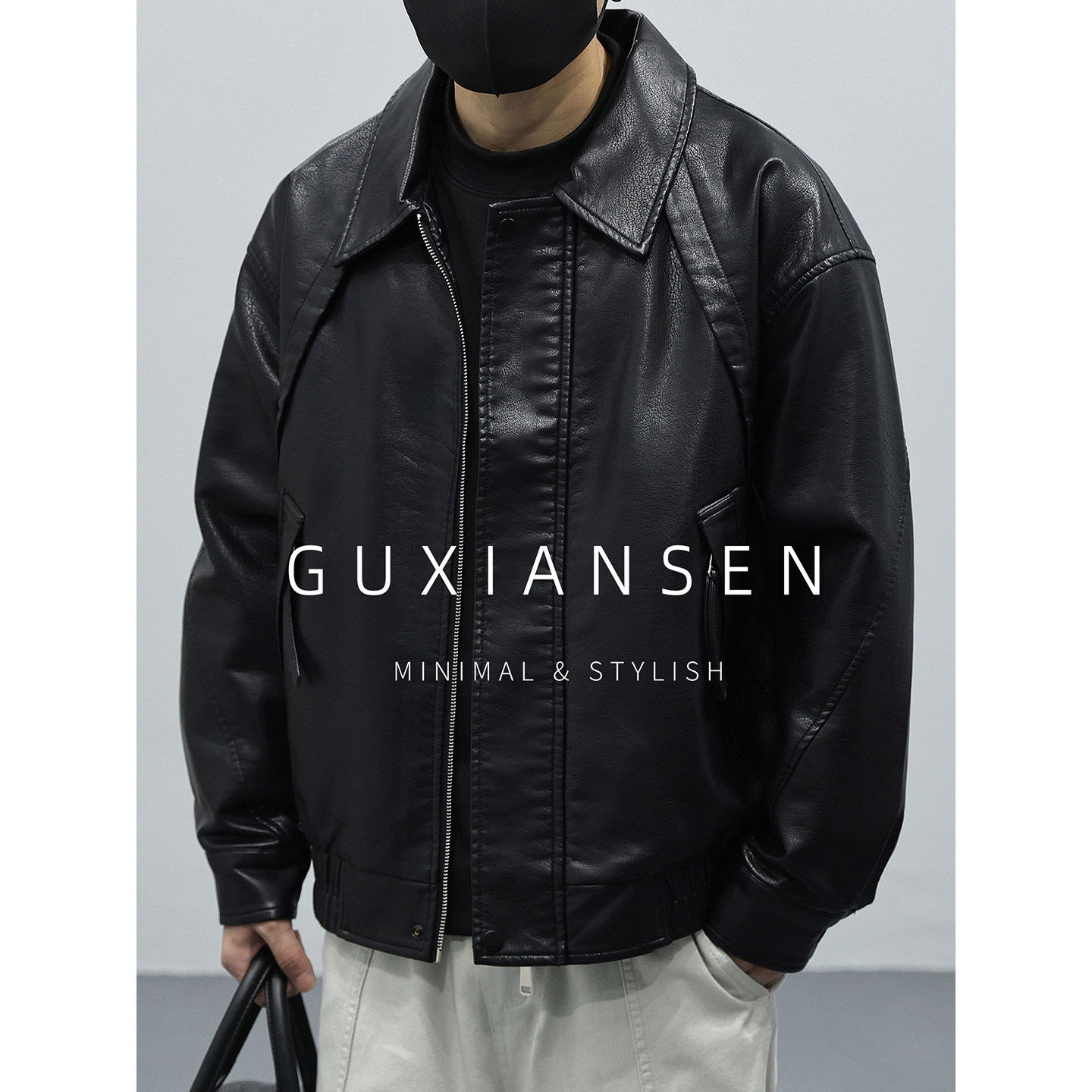 美式复古黑色PU皮衣外套男款秋冬季宽松休闲男装翻领机车服皮夹克