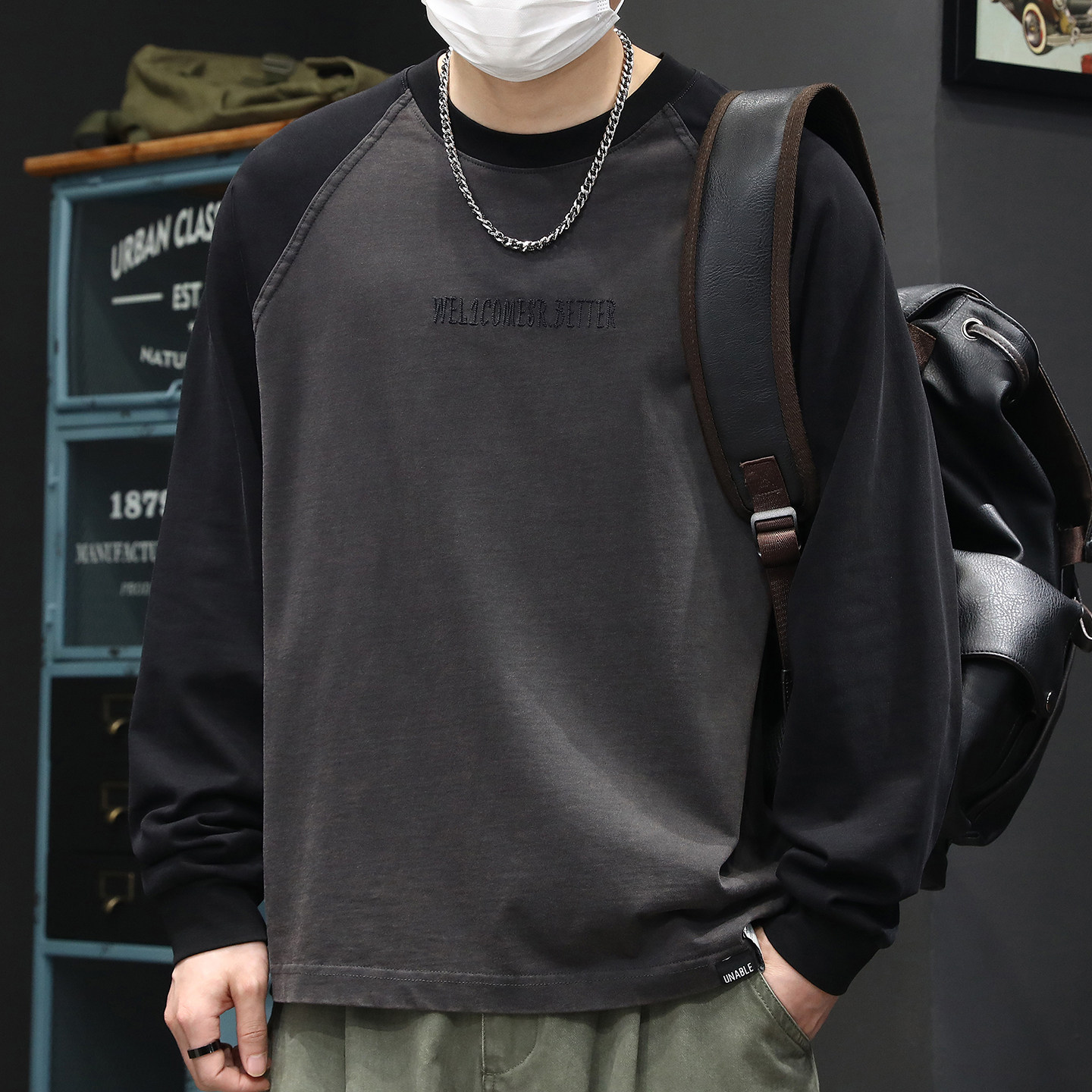 高端美式复古水洗插肩撞色长袖T恤男春季潮牌宽松重磅纯棉打底衫,男装,T恤,淘宝优惠券,粉丝福利购,淘宝优惠卷