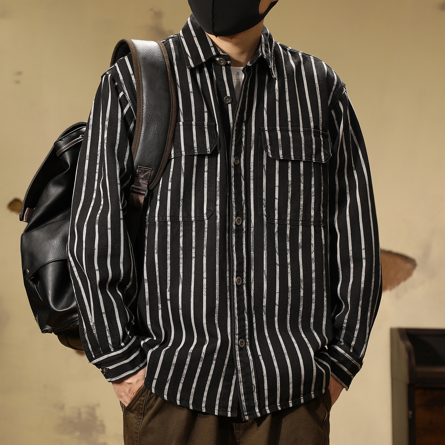 高阶复古水洗黑白条纹牛仔衬衫男士春秋宽松美式休闲长袖衬衣外套