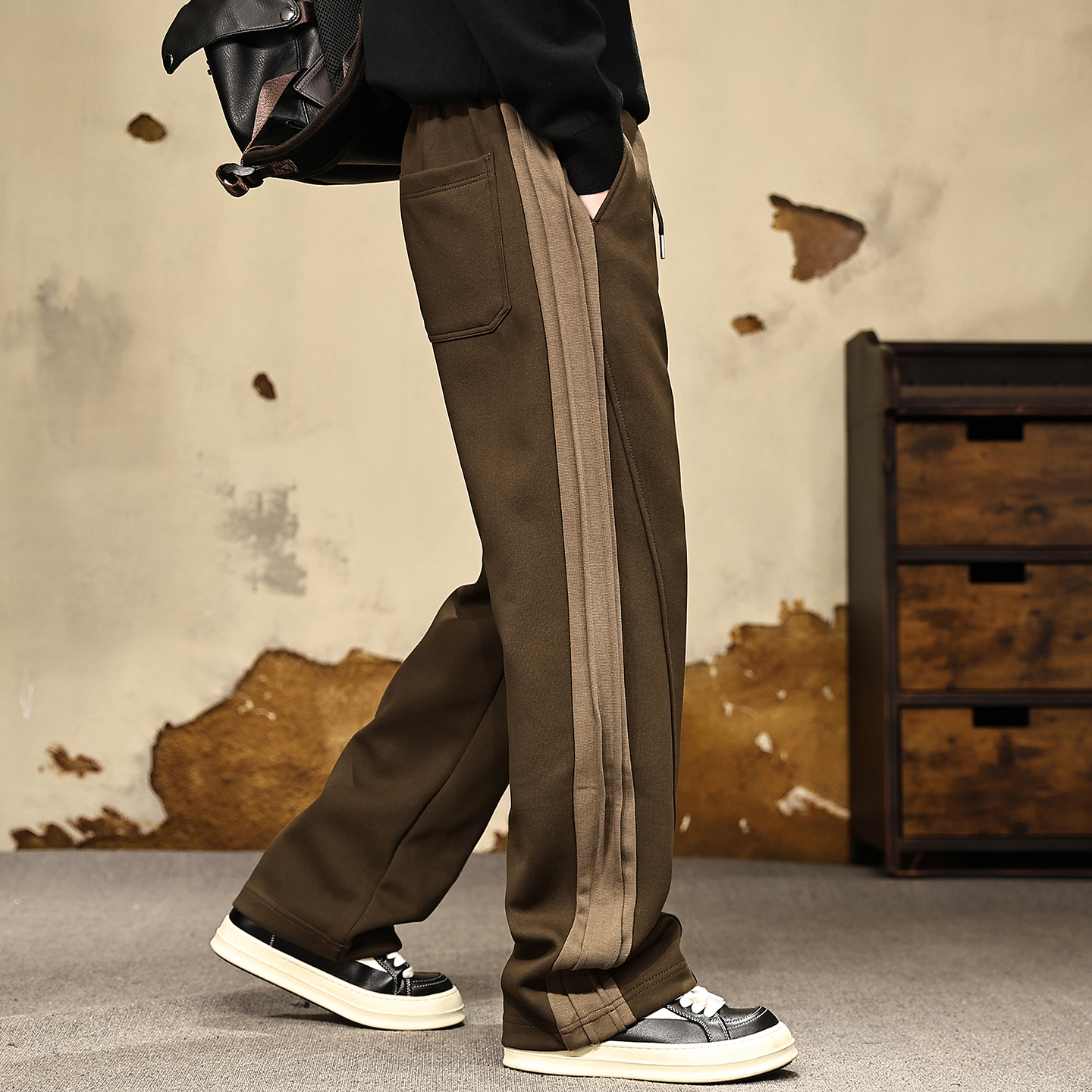 【美式条纹撞色针织加绒卫裤潮】