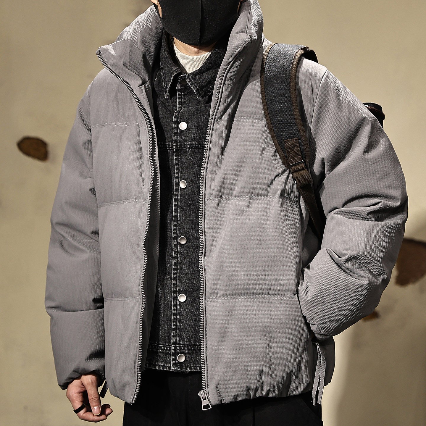 90鸭绒美式假两件羽绒服男士冬季加厚保暖牛仔拼接羽绒外套面包服