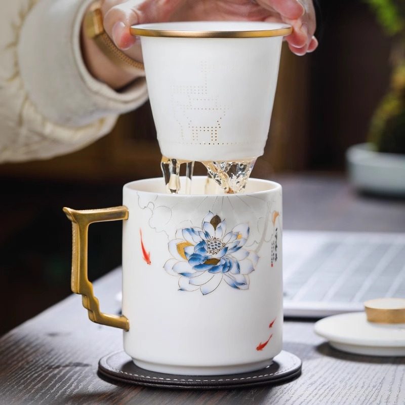 妙色清欢黄金款羊脂玉瓷泡茶水杯子高档送老师朋友客户商务礼套装