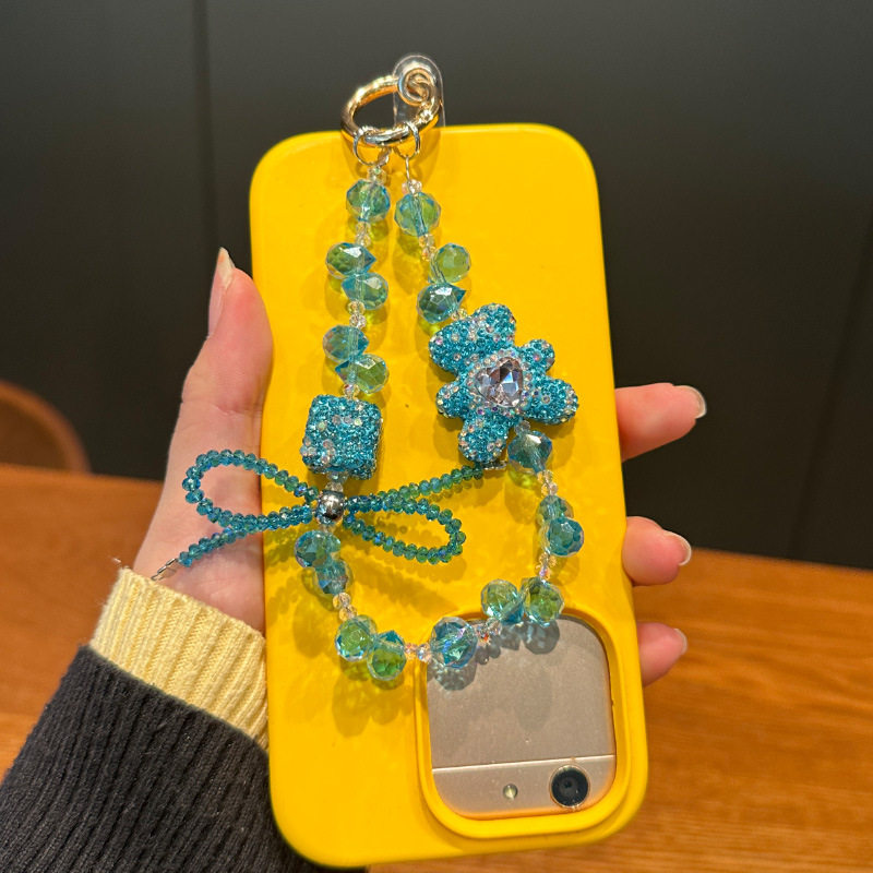 闪钻爱心小熊手机链精珠串挂件高级感饰短款行挂饰链人造水晶