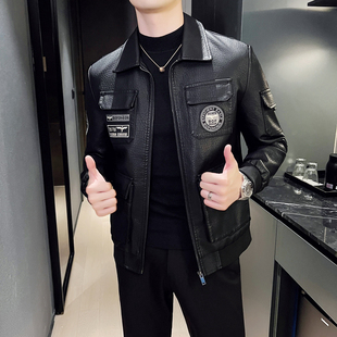 海宁机车皮衣外套男2026春秋冬季新款工装多口袋刺绣裂纹皮夹克