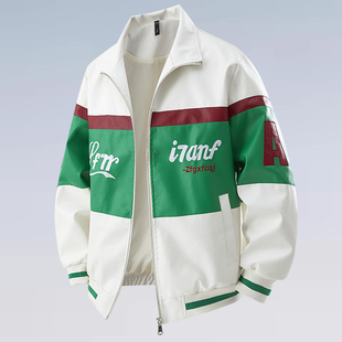 欧洲站拼色机车皮衣外套男骑行服春秋季新款骑士刺绣皮夹克帅气