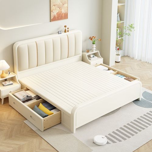 白色实木床双人床1米8现代简约y主卧软包婚床1米5单人床高箱收纳