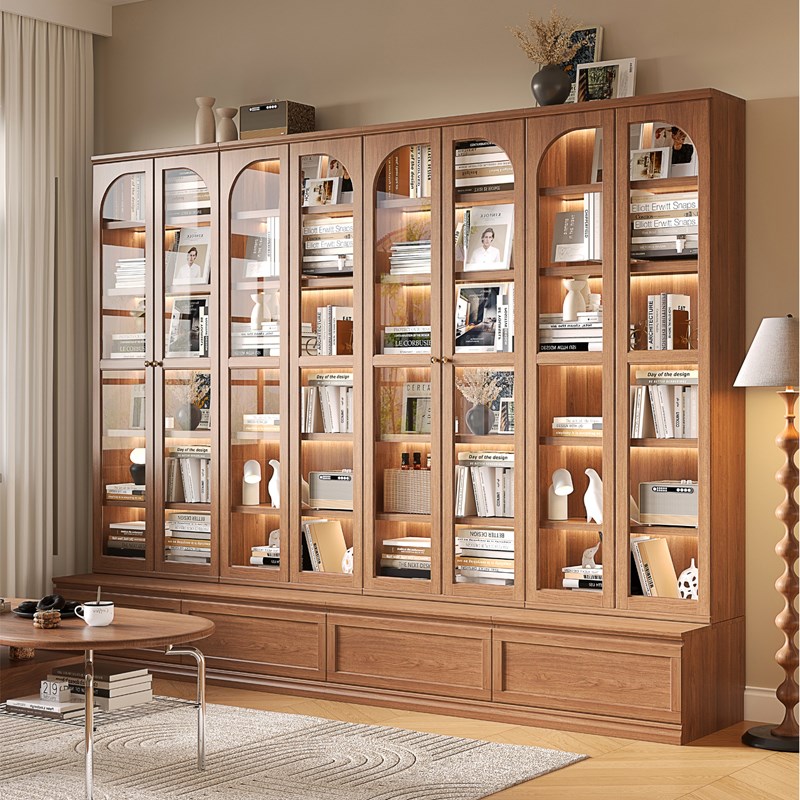 实木书橱樱桃木玻璃展示柜客厅靠墙黑胡桃木橡木卡座Y一体满墙书