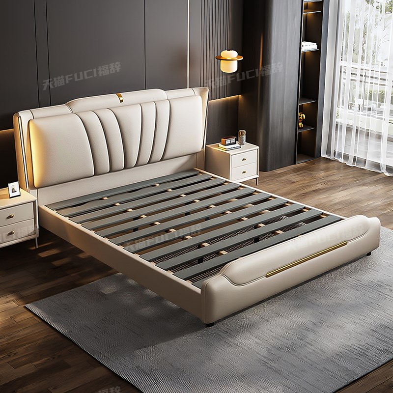 意式轻奢床高端j大气1.8m双人床现代简约主卧带灯软包储物婚床