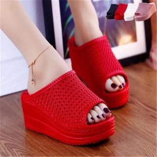 夏季 鱼嘴家用休闲沙滩女 时尚 红色女士厚底坡跟防滑矮个子凉鞋