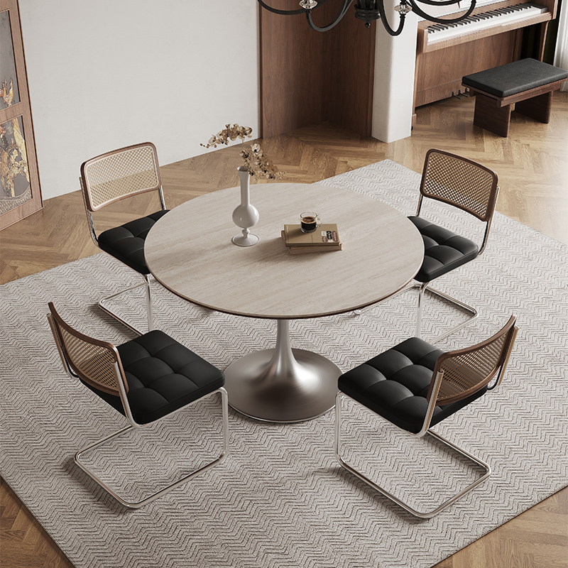 中古风岩板小圆桌家用圆餐桌小y户型圆形饭桌网红复古洽谈桌椅组