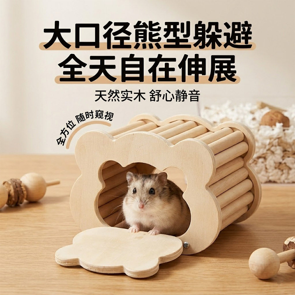 多功能仓鼠躲避屋睡觉木制造景玩具翻盖可视笼内解闷休息一体窝
