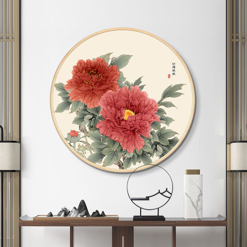 花开富贵新中式餐厅装饰画圆形玄关走廊过道尽头壁画客厅牡丹挂画图片