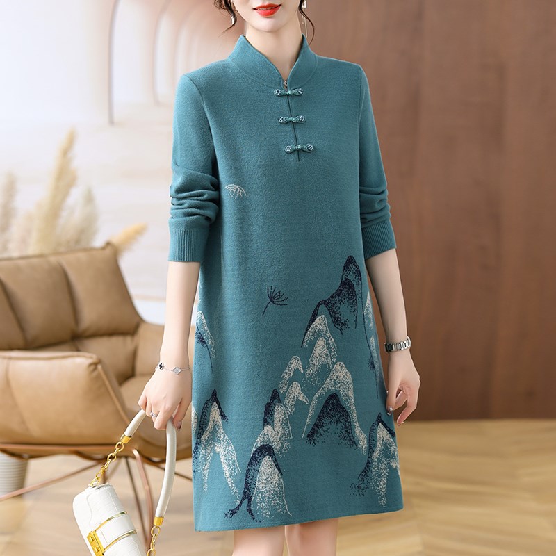 妈妈装毛衣旗袍中长款打底衫气质中老年女装秋冬装大码羊毛连衣裙