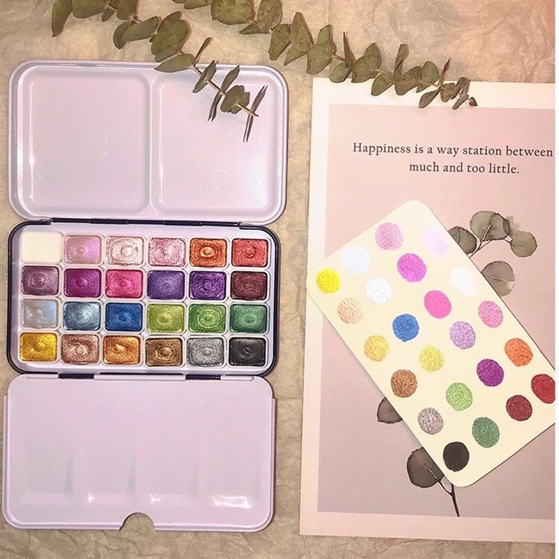 珠光色固体水彩颜料美甲缠花ES三折页铁盒满天星国画国风闪粉