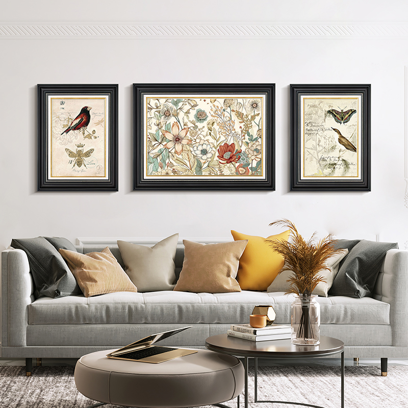 美式装饰画客厅沙发背景墙挂画复古卧室壁画欧式植物花卉三联画图片