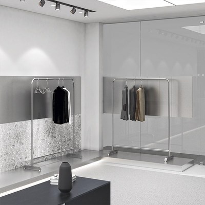 服装展示架落地式银色简约不锈钢拉丝衣服架子女装店货架挂衣架