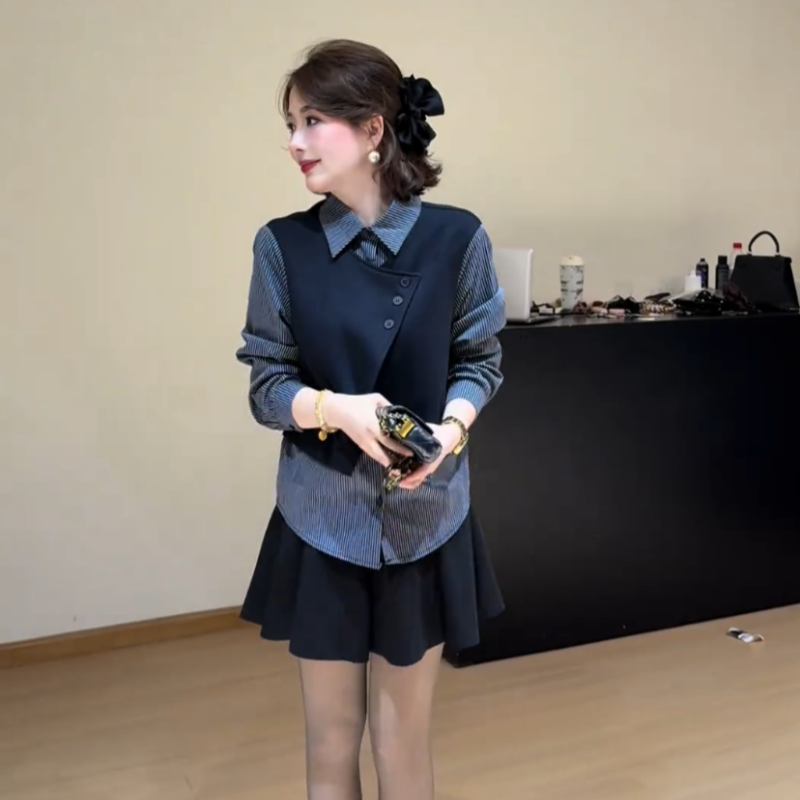 假两件条纹拼接衬衫女