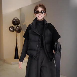 韩系高级感针织袖拼接立领羽绒马甲外套女冬季新款百搭保暖上衣潮