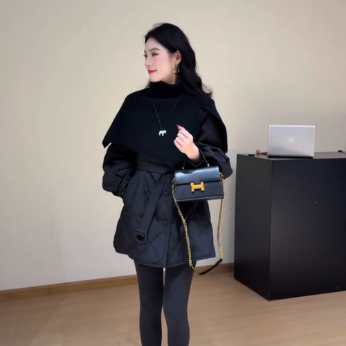 时尚休闲中长款菱形格羽绒服外套