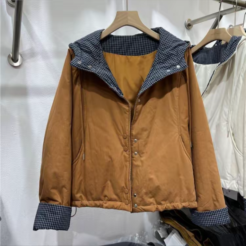 时尚休闲格子拼接连帽棉服外套