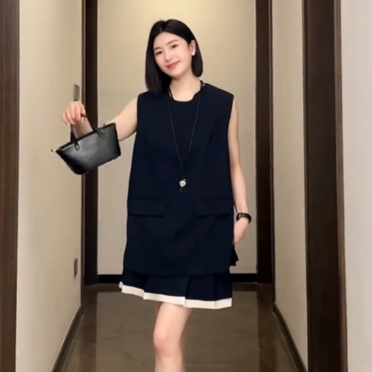 无袖衬衫百褶裙两件套女