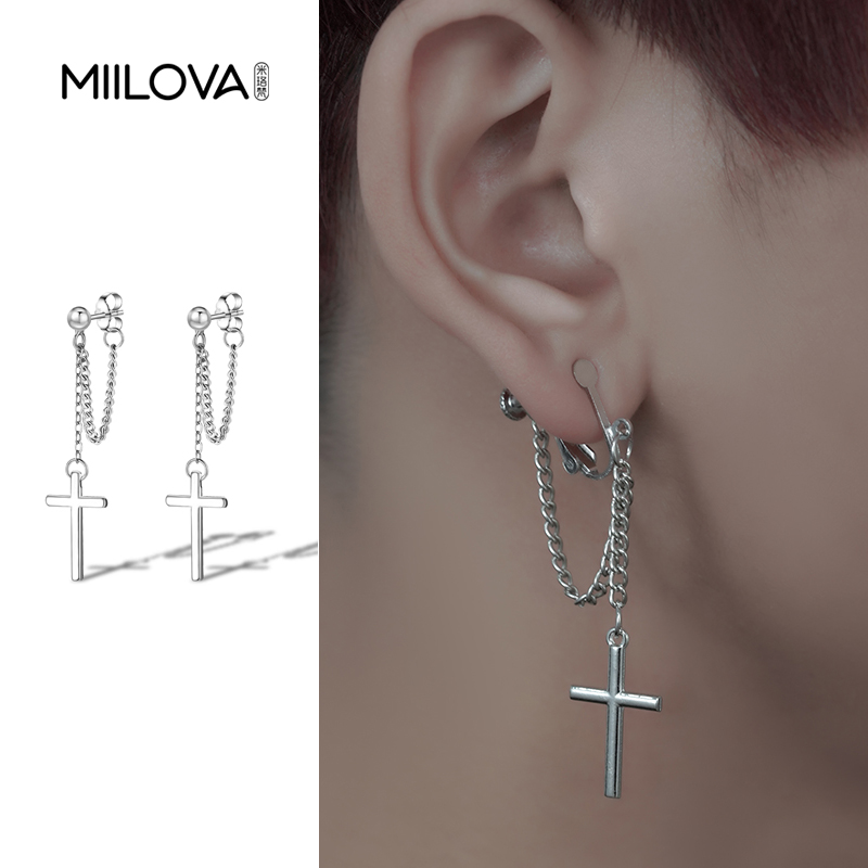 流苏气质十字架耳环男款轻奢小众设计感耳钉耳夹耳坠情侣长款链条