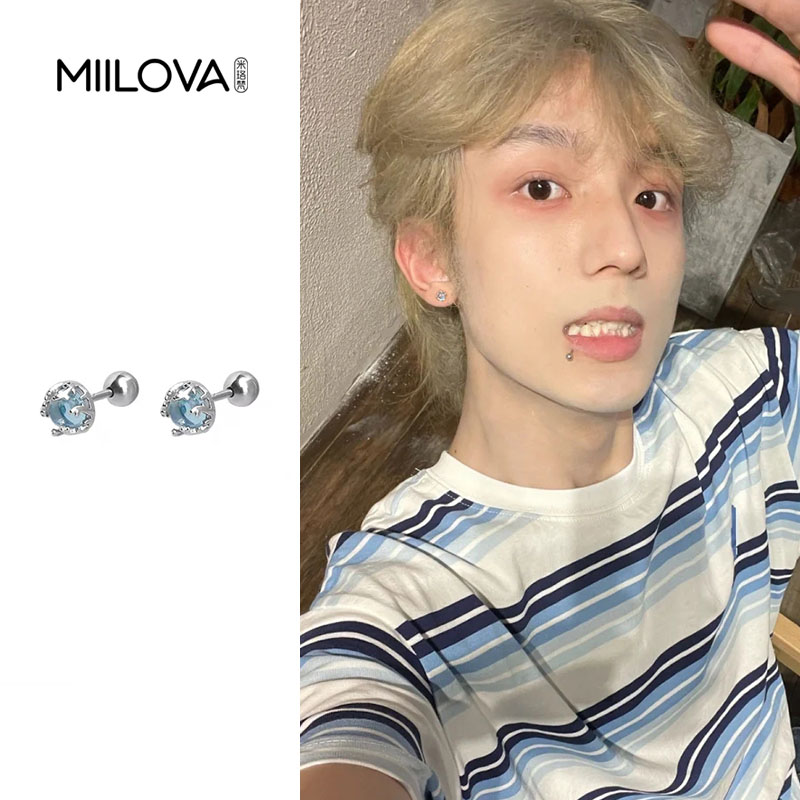 彩色月光石简约耳钉设计感美式螺丝耳骨钉小巧精致独特耳环男耳饰