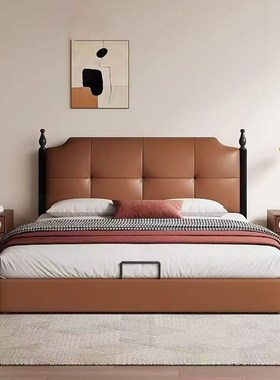 覆古极简澜梦真皮床l1米8主卧室双人大床中古风黑色1.5M家用收纳