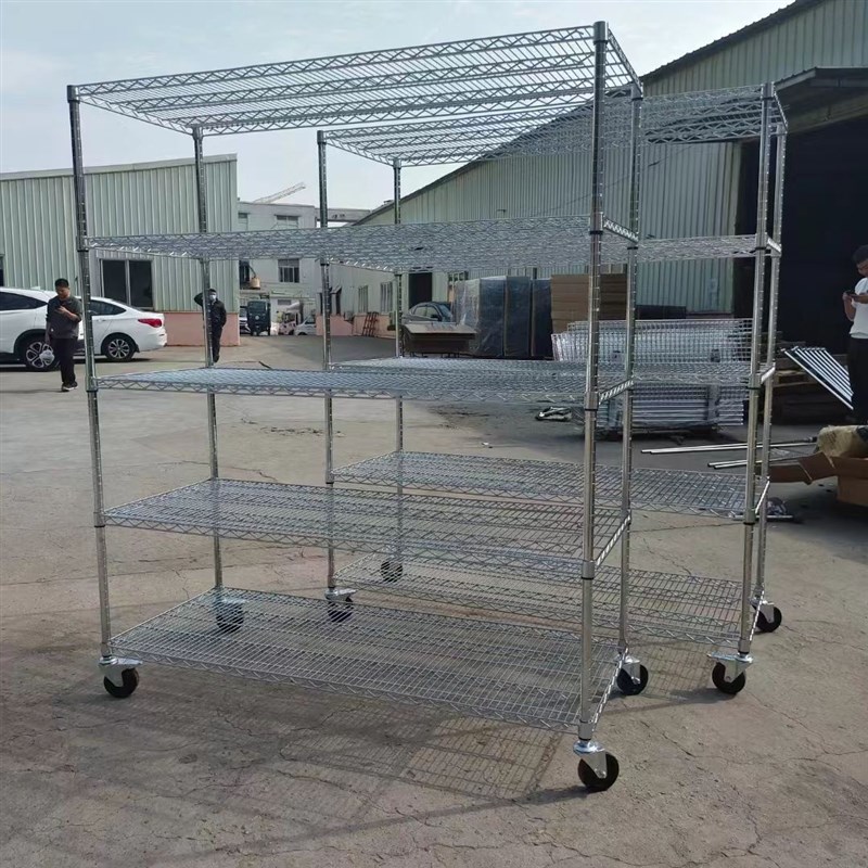 仓库镀铬不锈钢货架带轮线网移动置物架家用防静R电物料架展示架