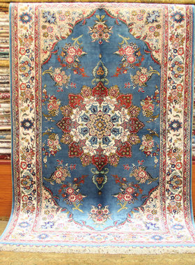 毯译 95x152厘米 出口伊朗蓝色波斯手工真丝地毯