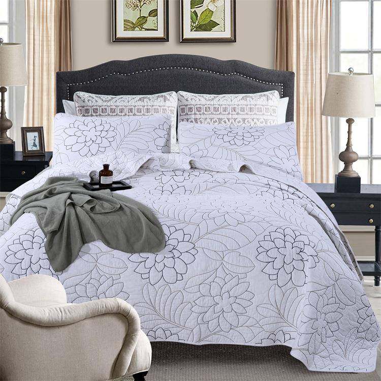 出口简约素色绗缝被三件套单人床床盖式春夏绣花棉质三件套