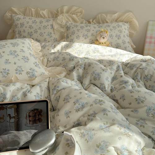 新款博主风法式小碎花全棉双层纱四件套纯棉床单被套床笠床上用品