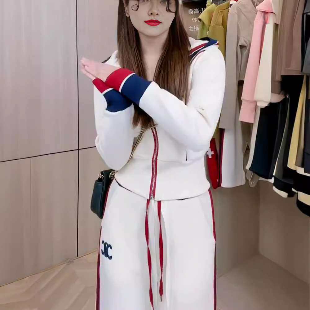 美式简约风运动服套装女秋季白色连帽短款卫衣卫裤休闲两件套bf潮