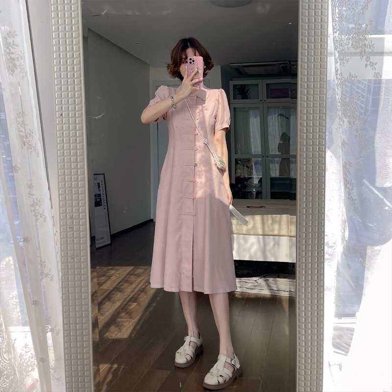 法式甜美少女温柔风新中式复古盘扣粉色改良旗袍连衣裙女夏高级感