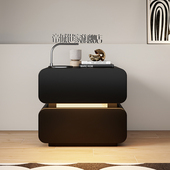 网红现代简约实木皮质黑色双层床头柜诧寂风卧室置物架床边收纳柜