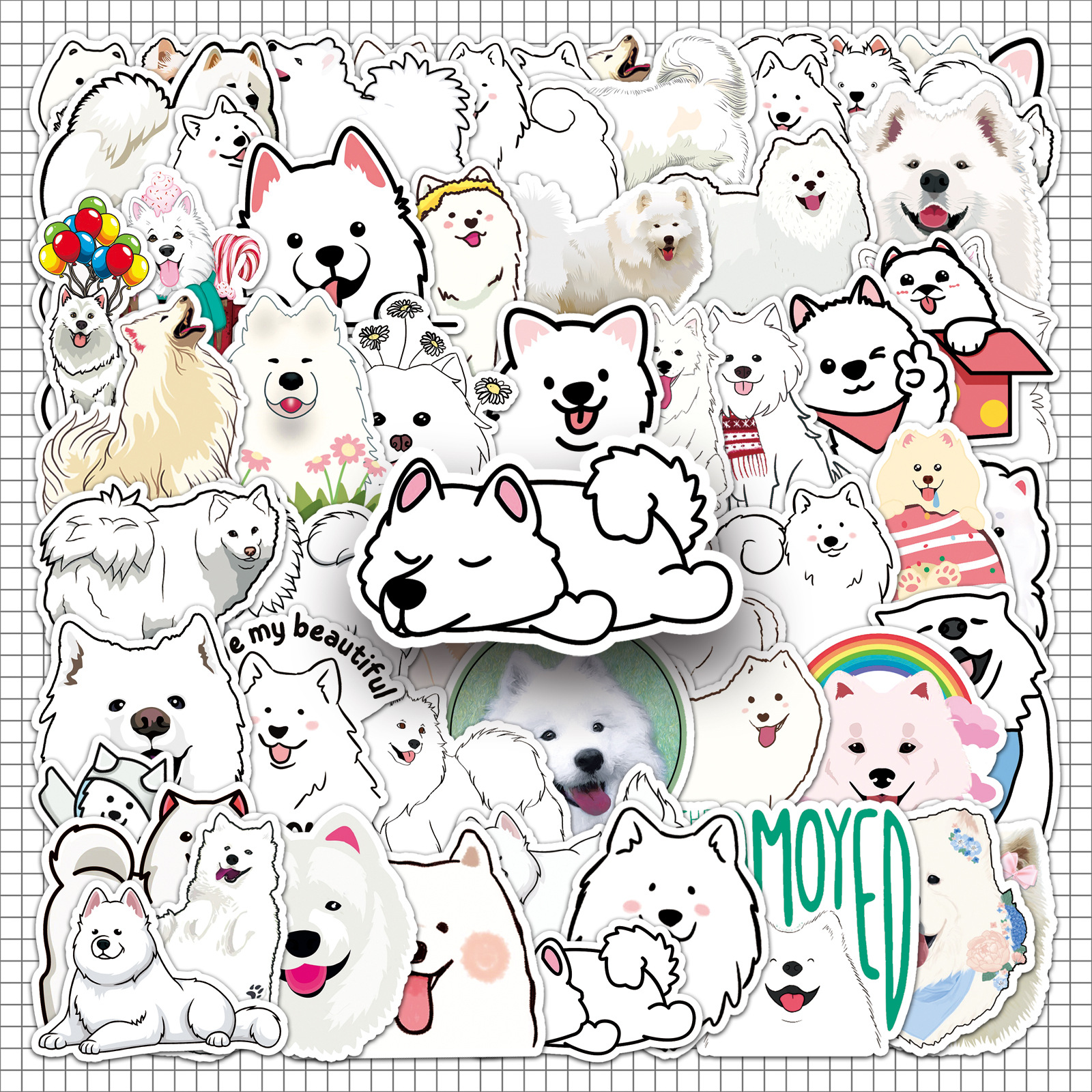 50张萨摩耶犬贴纸萌宠狗狗卡通动物可爱防水装饰手机壳保温杯贴纸