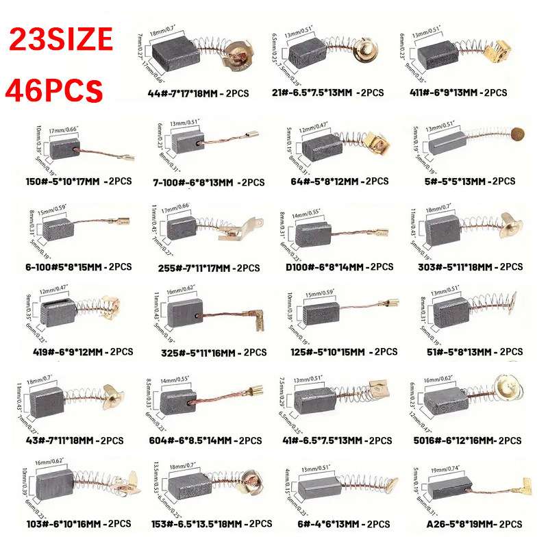 46pcs电机碳刷含23种不同规格碳刷适用于碳刷电机的维护