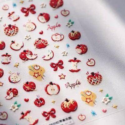 红苹果立体浮雕美甲贴纸